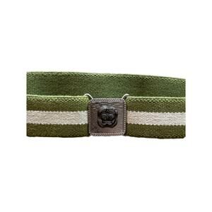 VTG Suspenders Belt Olive Green Ivory Striped Metal Crown Buckle Adj to 42” Long